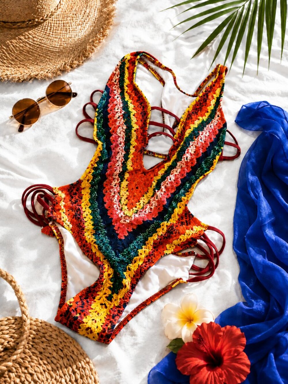 Crochet Look Rainbow Monokini One Piece Swimsuit Cutout Strappy Beachwear Size L - Picture 5 of 9
